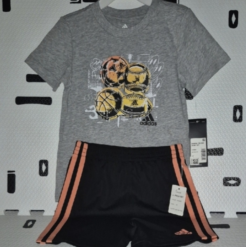 Toddler Adidas Gray Tee and Black Shorts with Orange Stripes